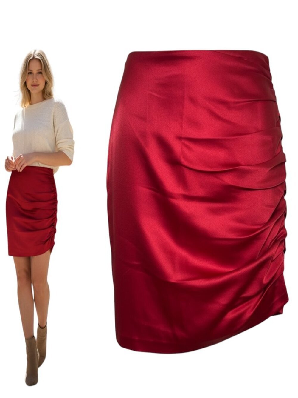The Sei Red Silk Ruched Mini Skirt Size 0 NWT Luxe Lined